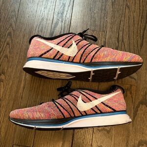 Nike Multicolor Flyknit Running Shoes with White Swoosh and Blue Trim